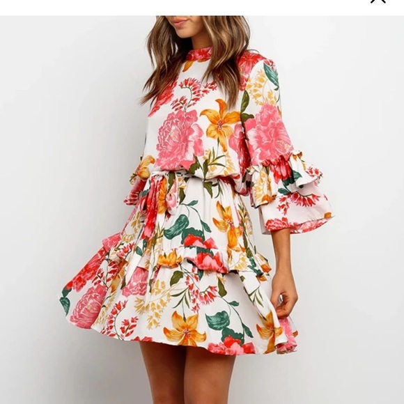 Floral Print Round Collar Pleated Dress - Picture 1 of 5
